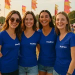 Grup de femei purtând tricouri damă denim cu anchior în V personalizate, stil urban modern și atmosferă prietenoasă