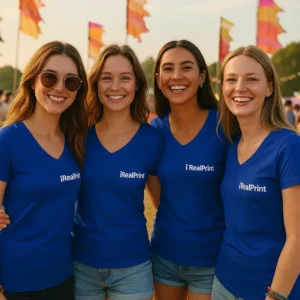 Grup de femei purtând tricouri damă denim cu anchior în V personalizate, stil urban modern și atmosferă prietenoasă