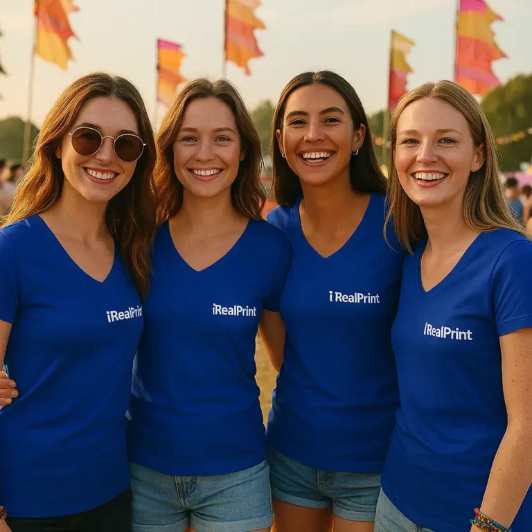 Grup de femei purtând tricouri damă denim cu anchior în V personalizate, stil urban modern și atmosferă prietenoasă