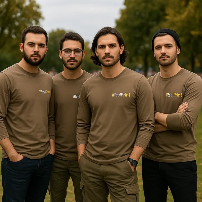 Grup de bărbați purtând bluze personalizate verde army pentru branding de echipă și identitate vizuală profesională