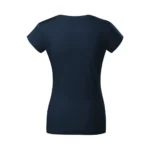 Spatele unui tricou damă albastru navy cu anchior în V, design simplu și material confortabil potrivit pentru personalizare