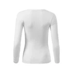 Vedere din spate a unei bluze damă albe cu croială feminină elegantă, design simplu și suprafață ideală pentru personalizare grafică