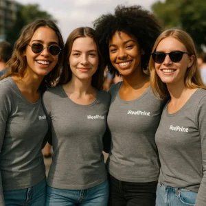 Grup de femei purtând bluze personalizate gri închis iRealPrint, imagine de echipă modernă și identitate vizuală coerentă