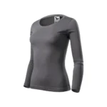 Bluză damă gri metalic văzută din perspectivă laterală, material din bumbac premium și design feminin modern potrivit pentru branding