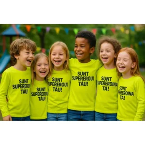 Copil purtând bluză lime personalizată cu mesaj Sunt Supereroul Tău în timpul jocului în parc