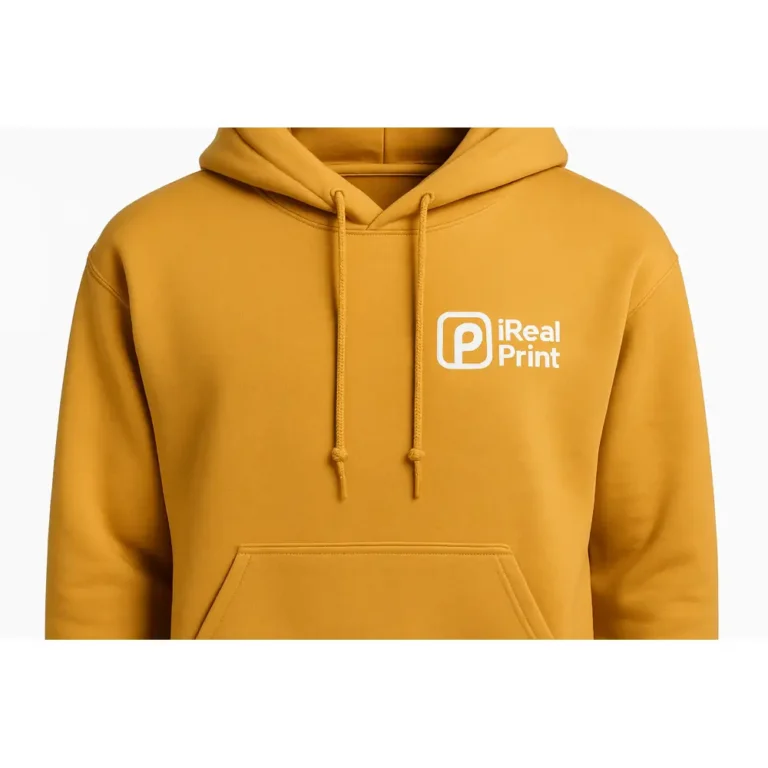Detaliu hanorac personalizat bărbați old gold cu logo iRealPrint poziționat pe piept, prezentare branding și personalizare textilă