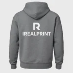 Spate hanorac bărbați personalizat graphite cu logo mare iRealPrint imprimat central, evidențiind vizibilitatea brandingului și designul modern al hanoracului premium