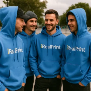 Grup de bărbați purtând hanorace personalizate albastru regal iRealPrint într-un context urban modern, ilustrând branding vizibil pentru echipe, identitate vizuală puternică și stil casual contemporan