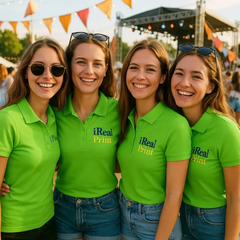 Grup de femei purtând tricouri polo damă personalizate verde măr cu logo iRealPrint la un eveniment outdoor, exemplu de utilizare pentru echipe și activări de marketing