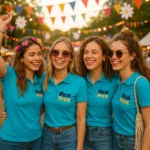 Grup de femei purtând tricouri polo damă personalizate turcoaz cu logo iRealPrint la un festival în aer liber, exemplu de utilizare pentru echipe și activări de brand