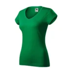 Tricou damă verde mediu cu anchior în V văzut din perspectivă laterală, evidențiind croiala feminină și linia elegantă a materialului