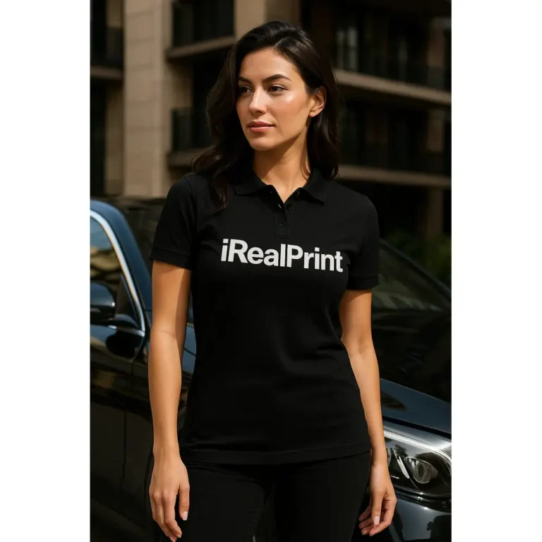 Femeie purtând tricou polo damă personalizat negru cu logo, stil business modern și imagine profesională pentru brand