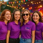 Grup de femei purtând tricouri polo damă mov personalizate cu logo, echipă la eveniment cu branding vizibil și atmosferă festivă