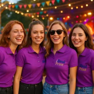 Grup de femei purtând tricouri polo damă mov personalizate cu logo, echipă la eveniment cu branding vizibil și atmosferă festivă
