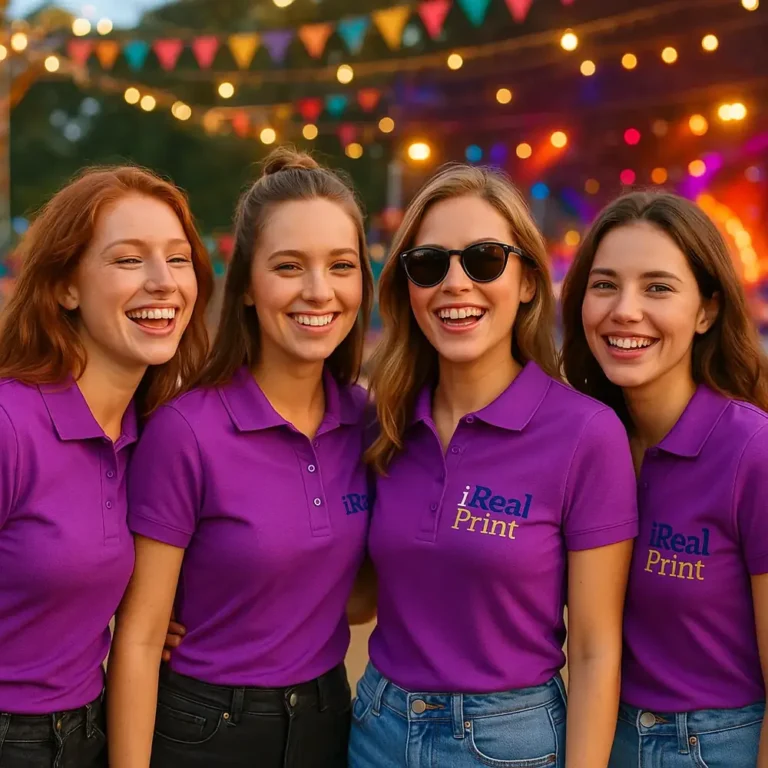 Grup de femei purtând tricouri polo damă mov personalizate cu logo, echipă la eveniment cu branding vizibil și atmosferă festivă