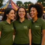 Grup de femei purtând tricouri polo damă kaki personalizate cu logo, echipă unită la eveniment outdoor cu branding vizibil