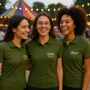 Grup de femei purtând tricouri polo damă kaki personalizate cu logo, echipă unită la eveniment outdoor cu branding vizibil