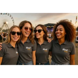 Grup de femei purtând tricouri polo damă gri metalic personalizate cu logo la eveniment outdoor cu branding vizibil