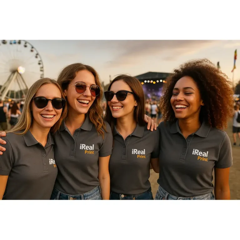 Grup de femei purtând tricouri polo damă gri metalic personalizate cu logo la eveniment outdoor cu branding vizibil