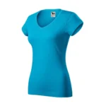 Tricou damă turcoaz cu anchior în V văzut din perspectivă laterală, evidențiind croiala feminină și linia elegantă a materialului