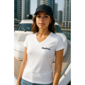 Detaliu personalizare logo iRealPrint aplicat prin transfer termic pe tricou damă cu anchior în V personalizat alb, evidențiind claritatea și textura materialului