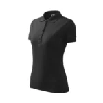 Tricou polo damă gri antracit văzut din perspectivă laterală, croială feminină și stil business casual modern pentru branding profesional