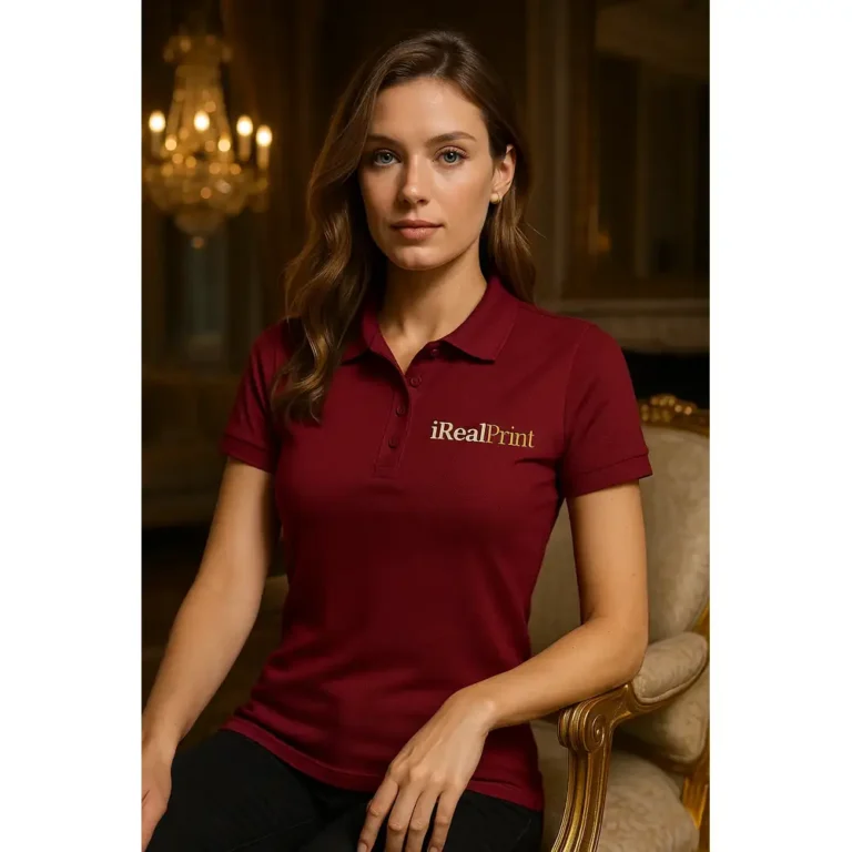 Femeie purtând tricou polo damă garnet personalizat cu logo într-un decor elegant, imagine premium pentru branding corporate