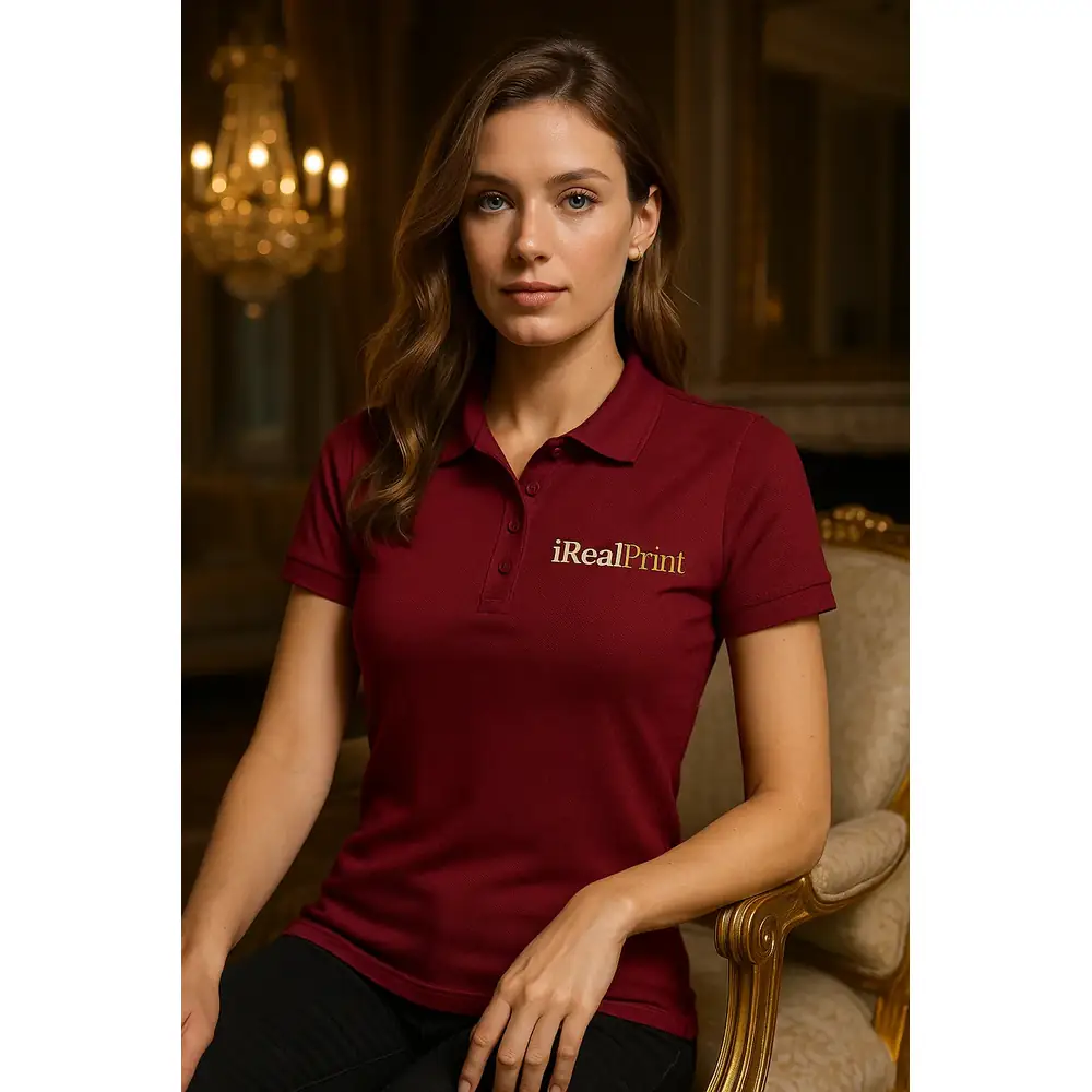 tricou-polo-dama-personalizat-garnet-stil-elegant-branding-premium Femeie purtând tricou polo damă garnet personalizat cu logo într-un decor elegant, imagine premium pentru branding corporate