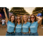 Grup de femei purtând tricouri polo damă personalizate albastru deschis într-un context de eveniment ilustrând utilizarea pentru echipe promoționale și branding de companie