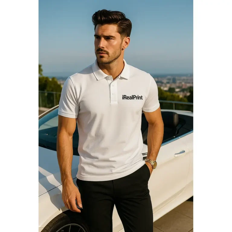Echipă de bărbați purtând tricouri polo personalizate albe într-un context urban profesional, evidențiind utilizarea pentru uniforme corporate și identitate de brand