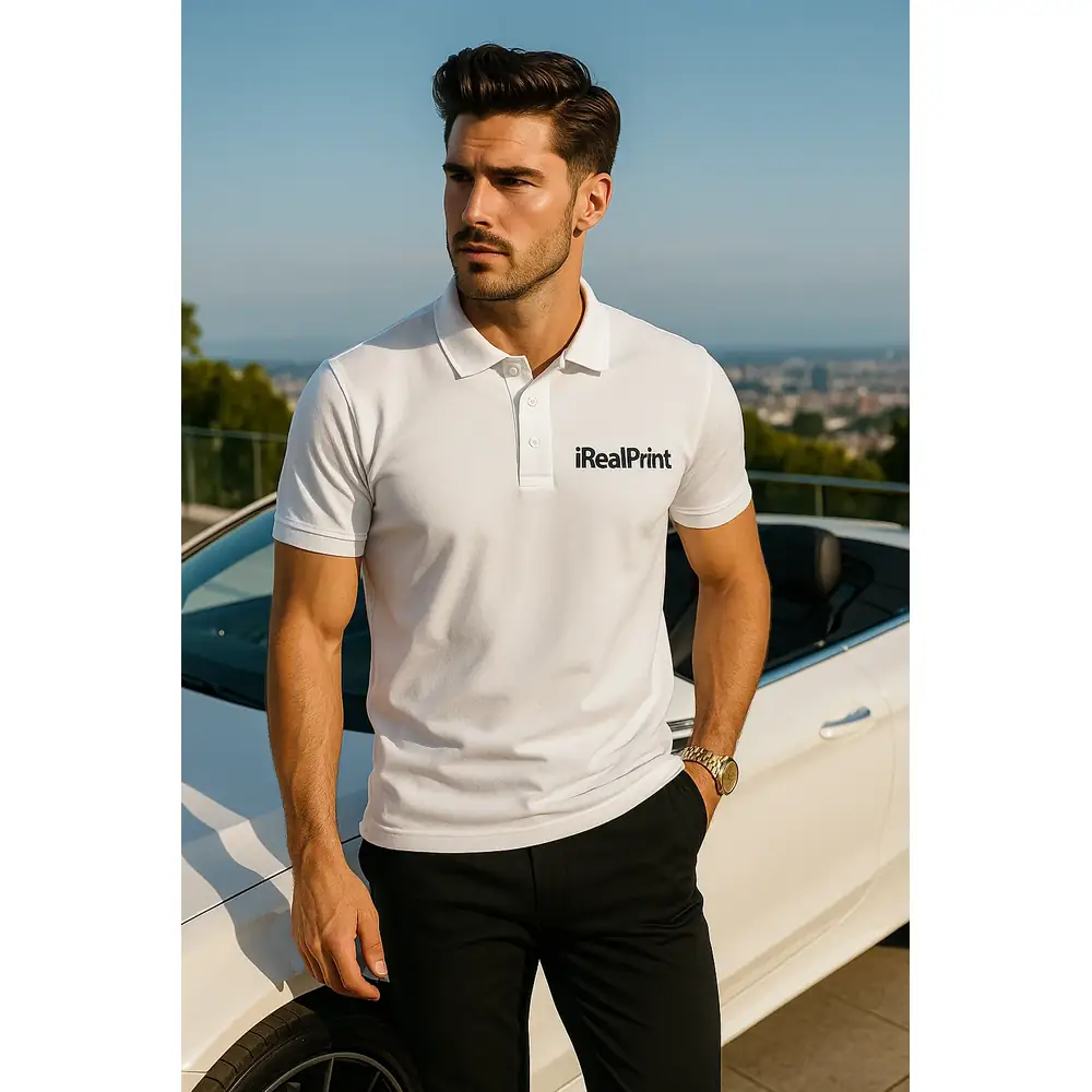 tricou-polo-barbati-personalizat-alb-lifestyle-echipa-branding Echipă de bărbați purtând tricouri polo personalizate albe într-un context urban profesional, evidențiind utilizarea pentru uniforme corporate și identitate de brand