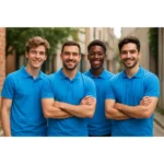 Echipă de bărbați purtând tricouri polo bărbați personalizate albastre într-un context urban profesional, evidențiind utilizarea pentru uniforme corporate și identitate de brand