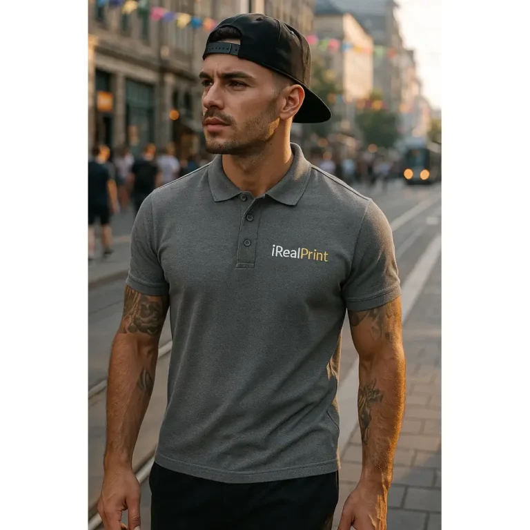 Bărbat purtând tricou polo personalizat gri închis cu logo iRealPrint într-un decor urban modern, imagine lifestyle pentru branding vizual premium