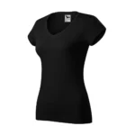 Tricou damă negru cu anchior în V văzut din perspectivă laterală, evidențiind linia croielii feminine și forma elegantă a gulerului