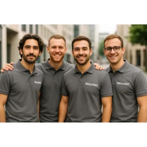 Echipă de bărbați purtând tricouri polo gri metalic personalizate cu logo iRealPrint, uniforme moderne pentru branding corporate