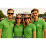 Promoteri purtând tricouri polo bărbați personalizate verde măr într-un cadru urban sau de eveniment, ilustrând utilizarea pentru campanii promoționale și vizibilitate de brand