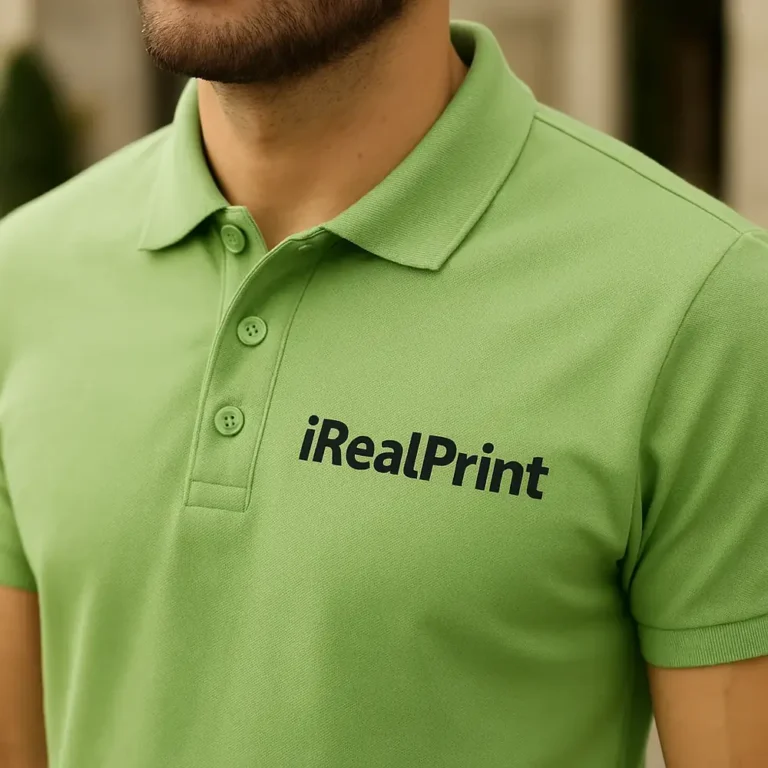 Detaliu personalizare logo pe tricou polo bărbați verde iarbă realizat prin transfer termic clar, vizibilitate excelentă pentru identitatea vizuală a companiei