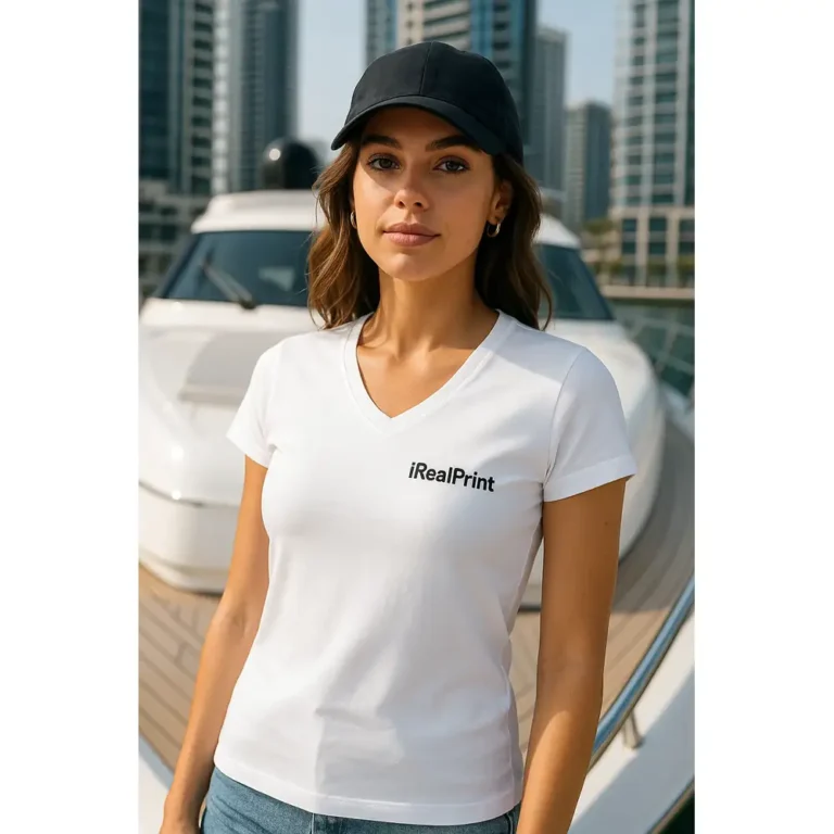 Detaliu personalizare logo iRealPrint aplicat prin transfer termic pe tricou damă cu anchior în V personalizat alb, evidențiind claritatea și textura materialului