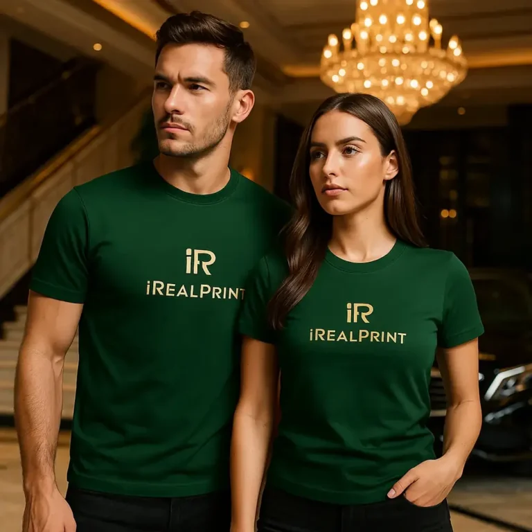 Model masculin și feminin purtând tricouri personalizate verde sticlă într-un cadru elegant, stil modern pentru imagine de brand premium