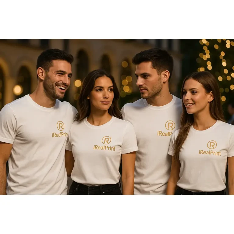Grup de persoane purtând tricouri unisex albe personalizate cu logo iRealPrint, imagine de echipă pentru branding și evenimente promoționale
