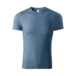 Detaliu personalizare logo iRealPrint pe tricou unisex culoare denim, transfer termic clar pe material textil de calitate