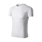 Tricou unisex personalizat gri deschis prezentat din perspectivă laterală pe fundal alb, croială modernă potrivită pentru branding și design personalizat