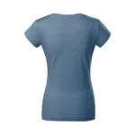 Spatele unui tricou damă denim cu anchior în V, design minimalist și material bumbac premium potrivit pentru personalizare