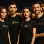 Grup de persoane purtând tricouri unisex personalizate negre cu logo iRealPrint într-un context de eveniment nocturn, imagine lifestyle pentru branding și promovare