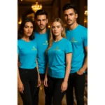 Bărbați și femei purtând tricouri unisex turcoaz personalizate cu logo iRealPrint într-un cadru lifestyle de eveniment, imagine pentru promovare și identitate vizuală