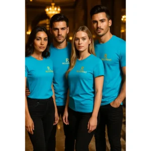 Bărbați și femei purtând tricouri unisex turcoaz personalizate cu logo iRealPrint într-un cadru lifestyle de eveniment, imagine pentru promovare și identitate vizuală