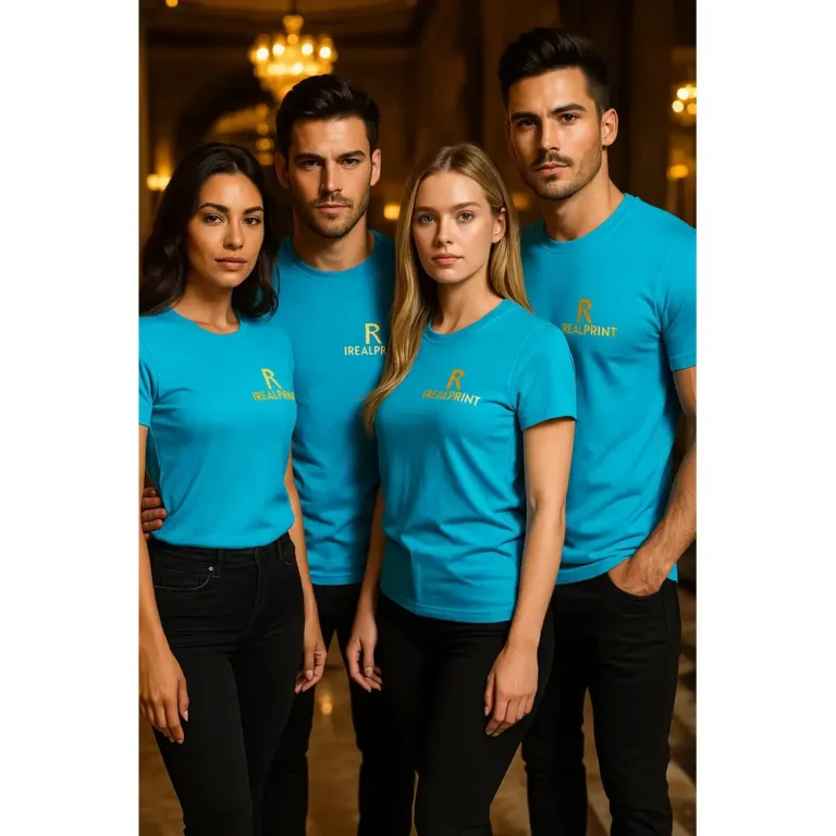 Bărbați și femei purtând tricouri unisex turcoaz personalizate cu logo iRealPrint într-un cadru lifestyle de eveniment, imagine pentru promovare și identitate vizuală