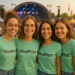 Detaliu logo iRealPrint aplicat prin transfer termic pe tricou damă personalizat sage, evidențiind claritatea printului și textura materialului