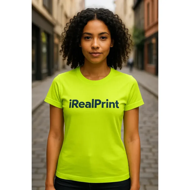 Detaliu personalizare logo iRealPrint cu simbol pasăre aplicat prin transfer termic negru pe tricou damă lime, evidențiind textura materialului