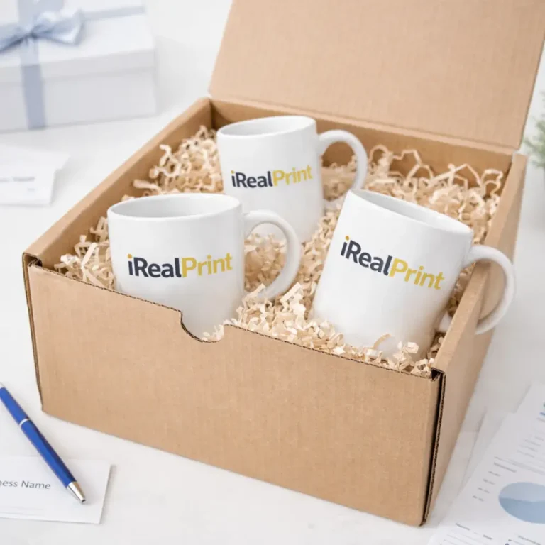 Set de căni albe personalizate cu logo iRealPrint prezentate într-o cutie de ambalaj cu material protector, sugerând cadou corporate sau promoțional